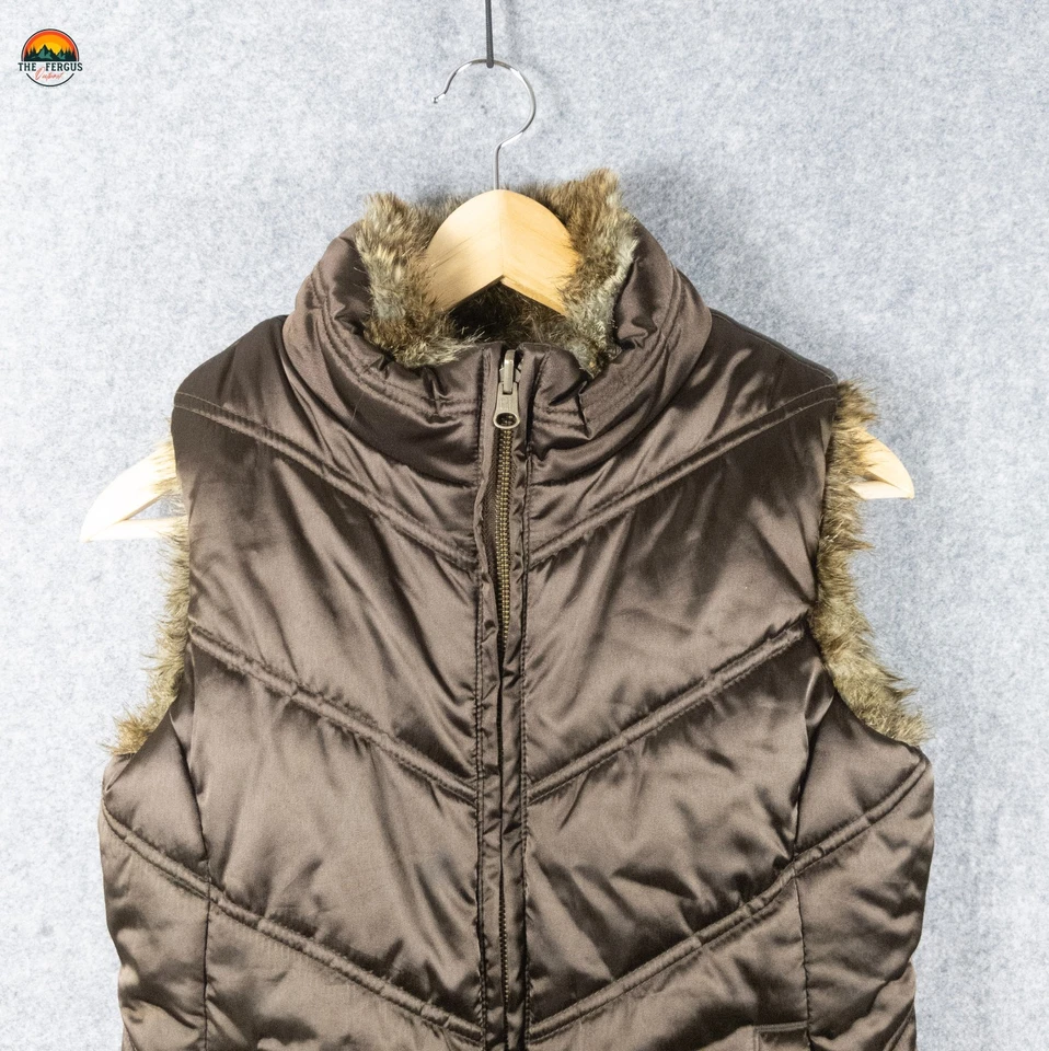Gap Puffer 背心棕色双面人造毛皮全拉链黄铜扣女孩 XL/男孩 L — 第 3/4 张图片