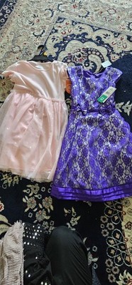 Girls Size 12 Purple Floral Lace Short Sleeve A-Line Knee Length Round Neck