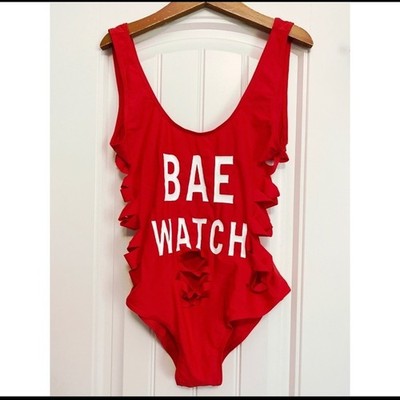 Amiclubwear Womens Red BAE WATCH Destroyed Cut Out One Piece Swimsuit Large NWOT