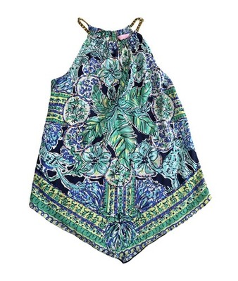 Lilly Pulitzer Cabana Top Resort White Flock Together Chain Halter Blue Green