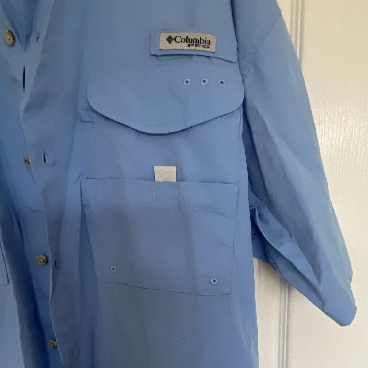 Camisa de pesca Columbia PFG azul manga corta con botones ventilada bolsillos XL para hombre