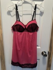 Victoria  s Secret Per Lei Babydoll Nightie Hot Pink Black Lace Underwire