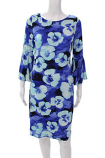 Calvin Klein Womesn Stretch Floral Print Long Sleeve Mid-Calf Dress Blue Size 6