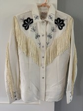 Vintage H Bar C Taos Pearl Snap Embroidered Fringed Western Shirt Size 42. Ivory