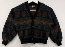 Vintage TFW Kids Youth M 8-10 Cardigan Sweater Black Fair Isle Geometric USA