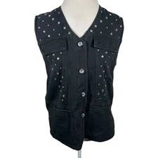 Vintage Saint Germain Black Jean Jacket Vest Rhinestone Embellished 80s Size S