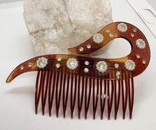 Vintage 1920s Celluloid Art Deco Hair Comb Faux Tortoise Shell Rhinestone USA