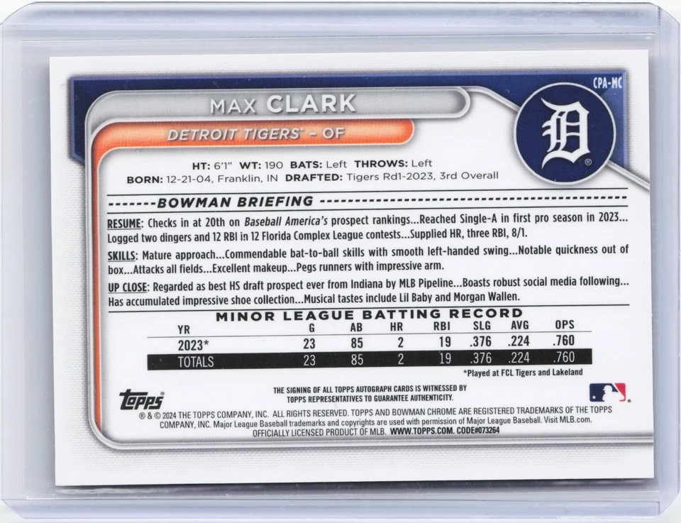 2024 Bowman Chrome Baseball Max Clark True Orange Refractor Auto #5/25 - Image 2 of 2