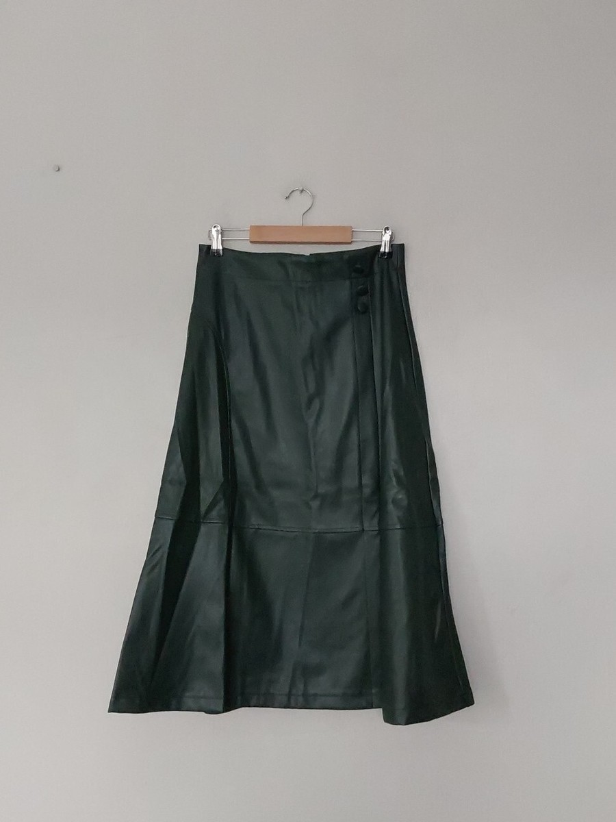 QVC Monsoon Savannah Faux Leather Midi Skirt Forest Green Size 10