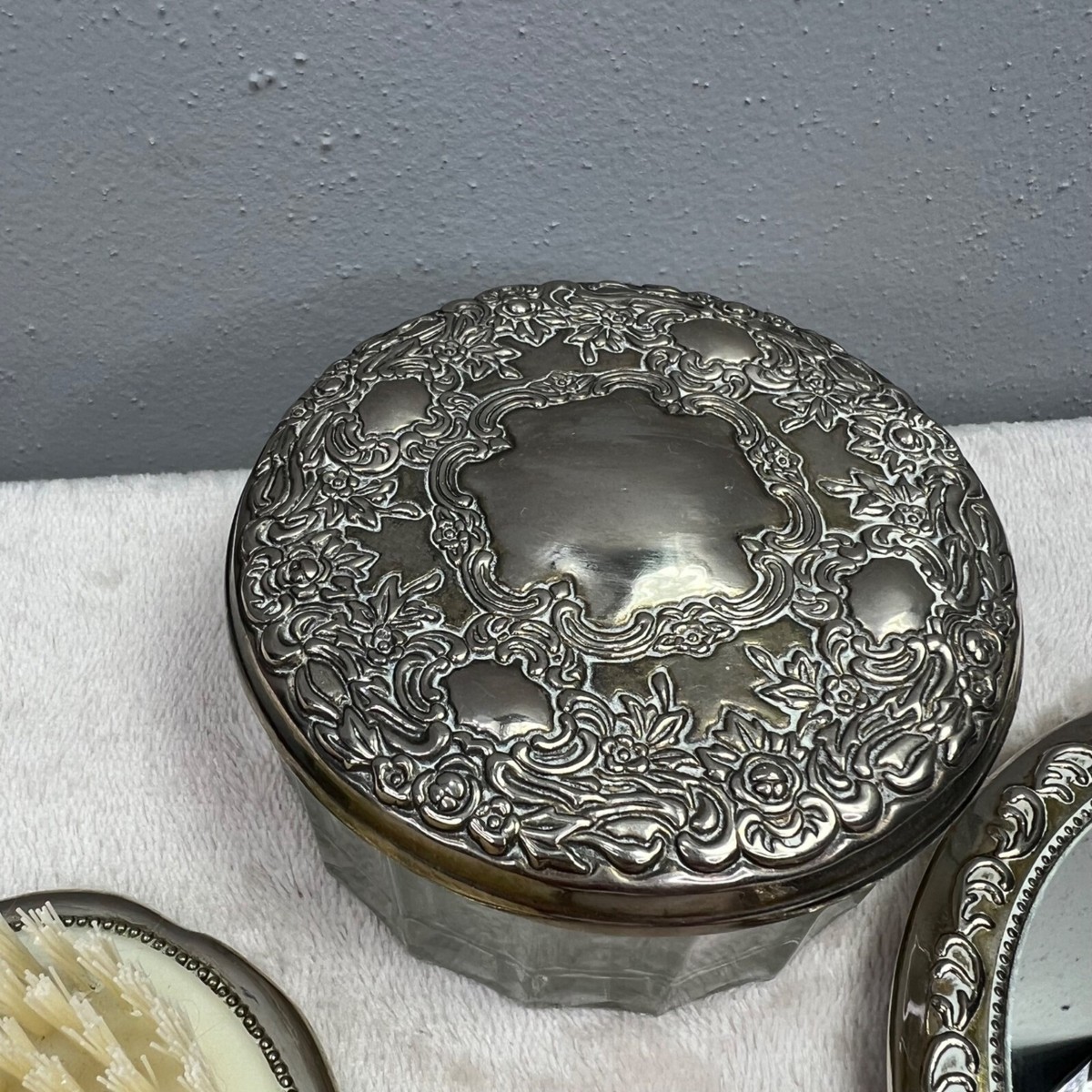 Vintage 4 Piece Vanity Dressing Table Set Mirror Brush Comb Powder Jar Vintage vanity set in original box. Set includes: hand  main image 2