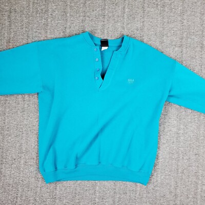 Vintage USA Olympic Sweater Womens 2X Teal Fleece JCPenney Henley Neck Pullover