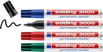 edding 3000 Permanentmarker - schwarz, rot, blau, grün - 4 Stifte - Rund-Spitze 