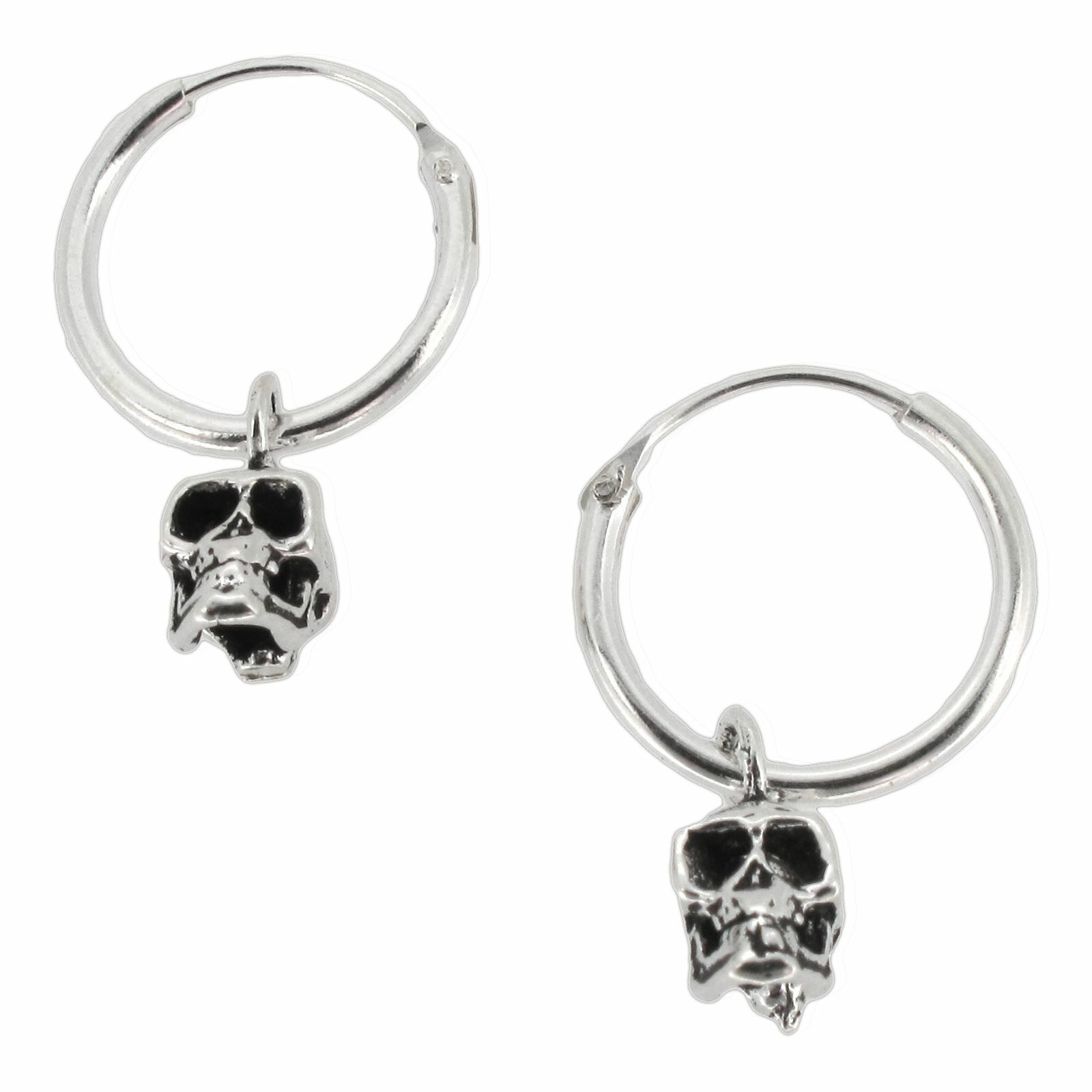 Sterling Silver 12mm Hoop Earrings with Dangling Skull - Pirate Hoops Sleepers