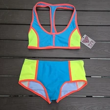 TYR Women Zip Racerback & Matching Boyshorts Bikini Neon/blue Size L New 