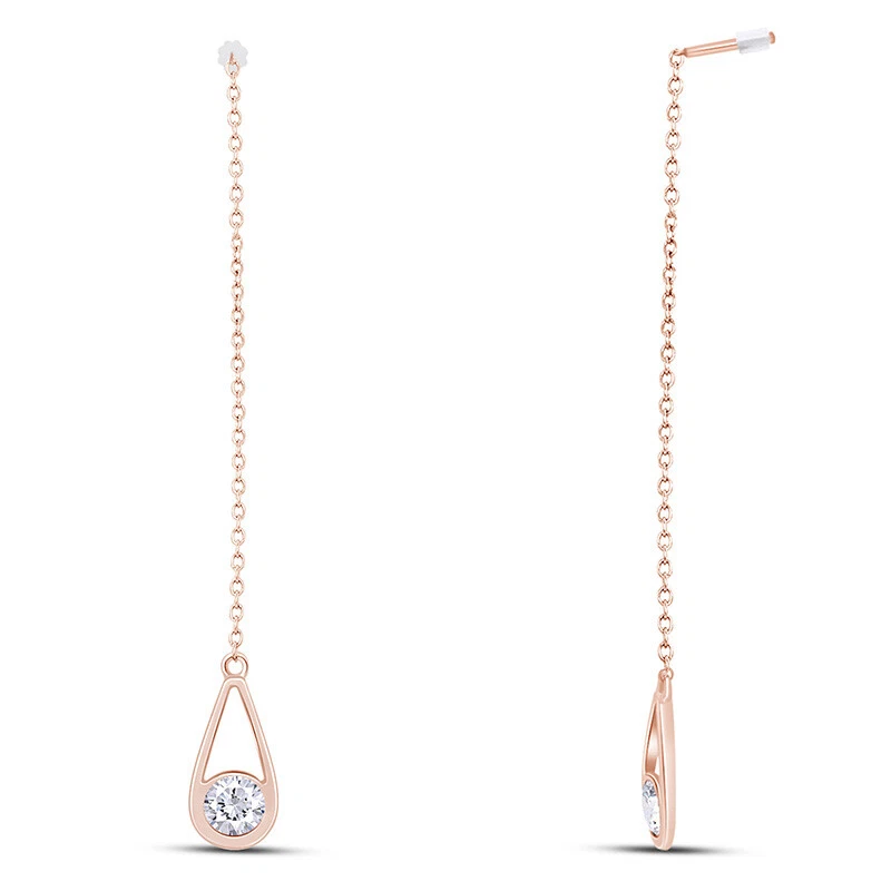 Threader Drop Earrings Round Cut Simulated Diamond 14K Rose Gold Plated Silver - Image 2 of 4
