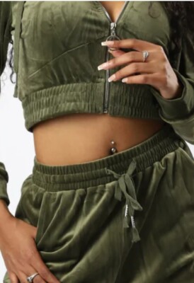 Women's Green Velour Crop Top Track Suit