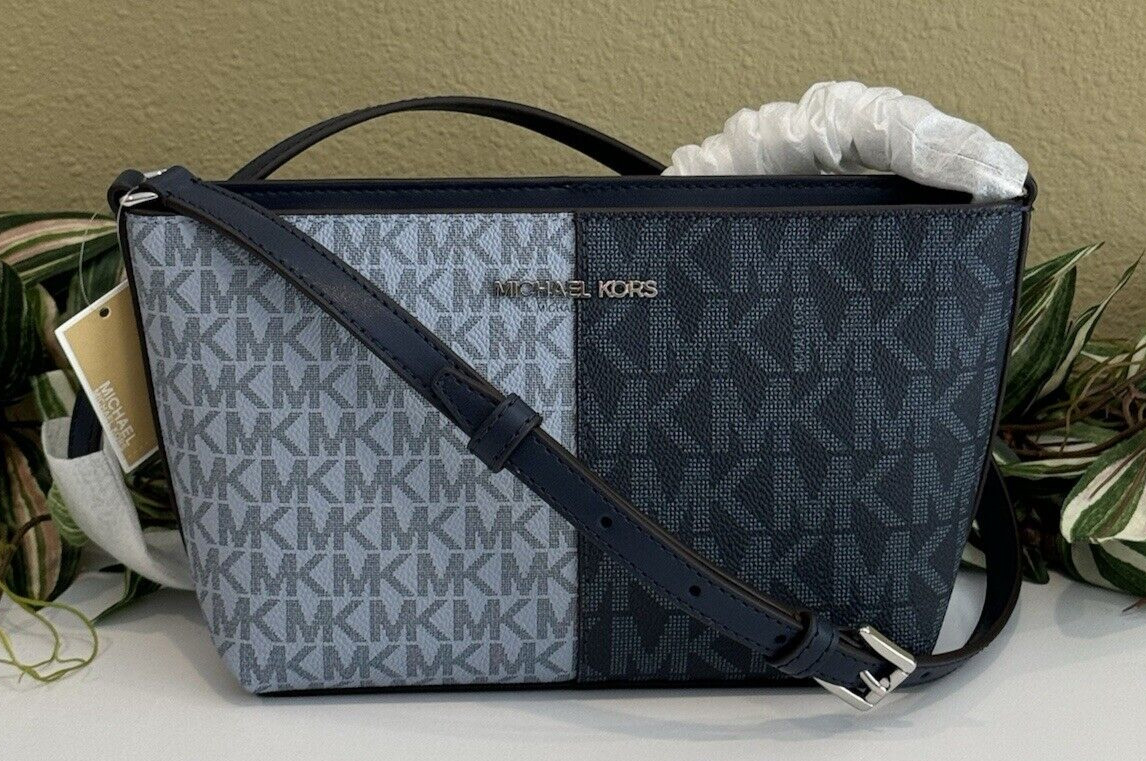 MICHAEL KORS JET SET SMALL TOP ZIP CROSSBODY BAG 2 TONE MK NAVY BLUE LOGO SILVER thumbnail 3