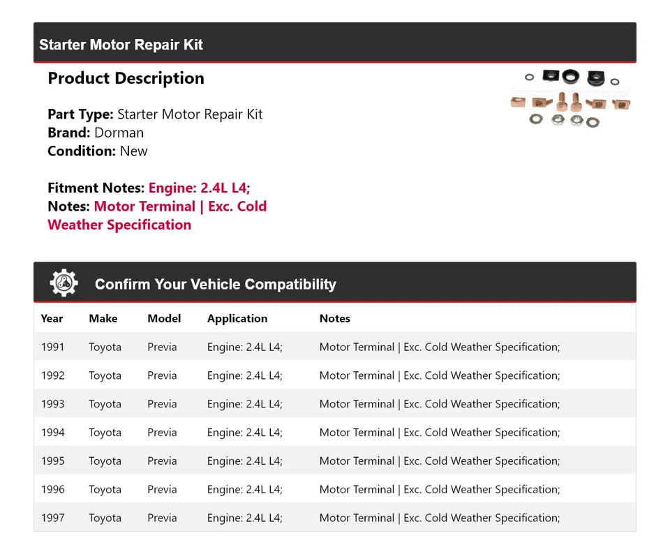 Ремонтный комплект стартера двигателя Dorman для Toyota Previa 2,4 л 1991-1997 годов выпуска 1992 1993 годов выпуска - Изображение 2 из 4