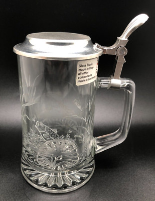 Domex Etched Glass Beer Stein Solid Pewter Lid 6'' Tall Ponds & Fish *New in Box*