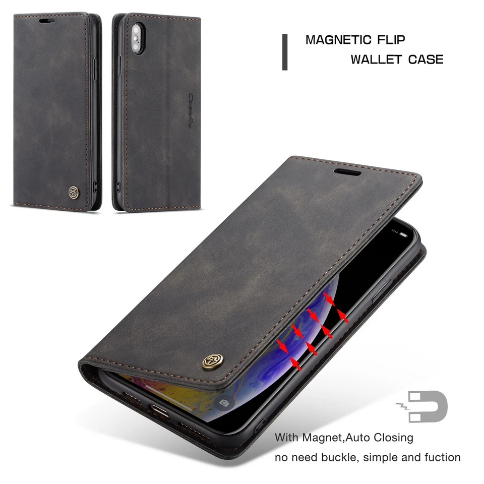 Funda tipo billetera magnética de cuero abatible con soporte para iPhone 7 8 Plus XS Max XR X SE Foto 4 de 4