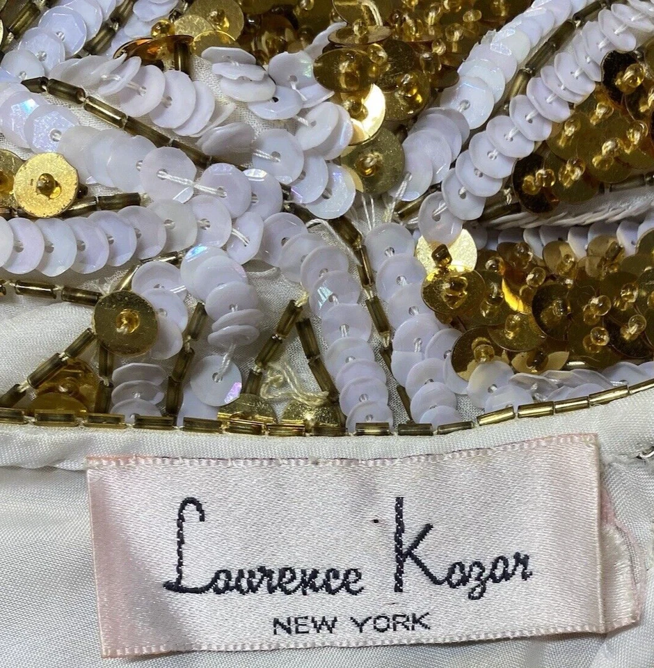 VTG 80s Laurence Kazar White Silk Gold Sequined Cocktail Dress Womens - Image 2 of 4