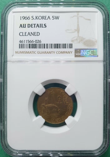 1966 SOUTH KOREA 5 WON  NGC AU DETAILS CLEANED