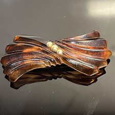 Vintage French faux Tortoise Shell Barrette Hair Clip Gold Beads France 3 3/4  