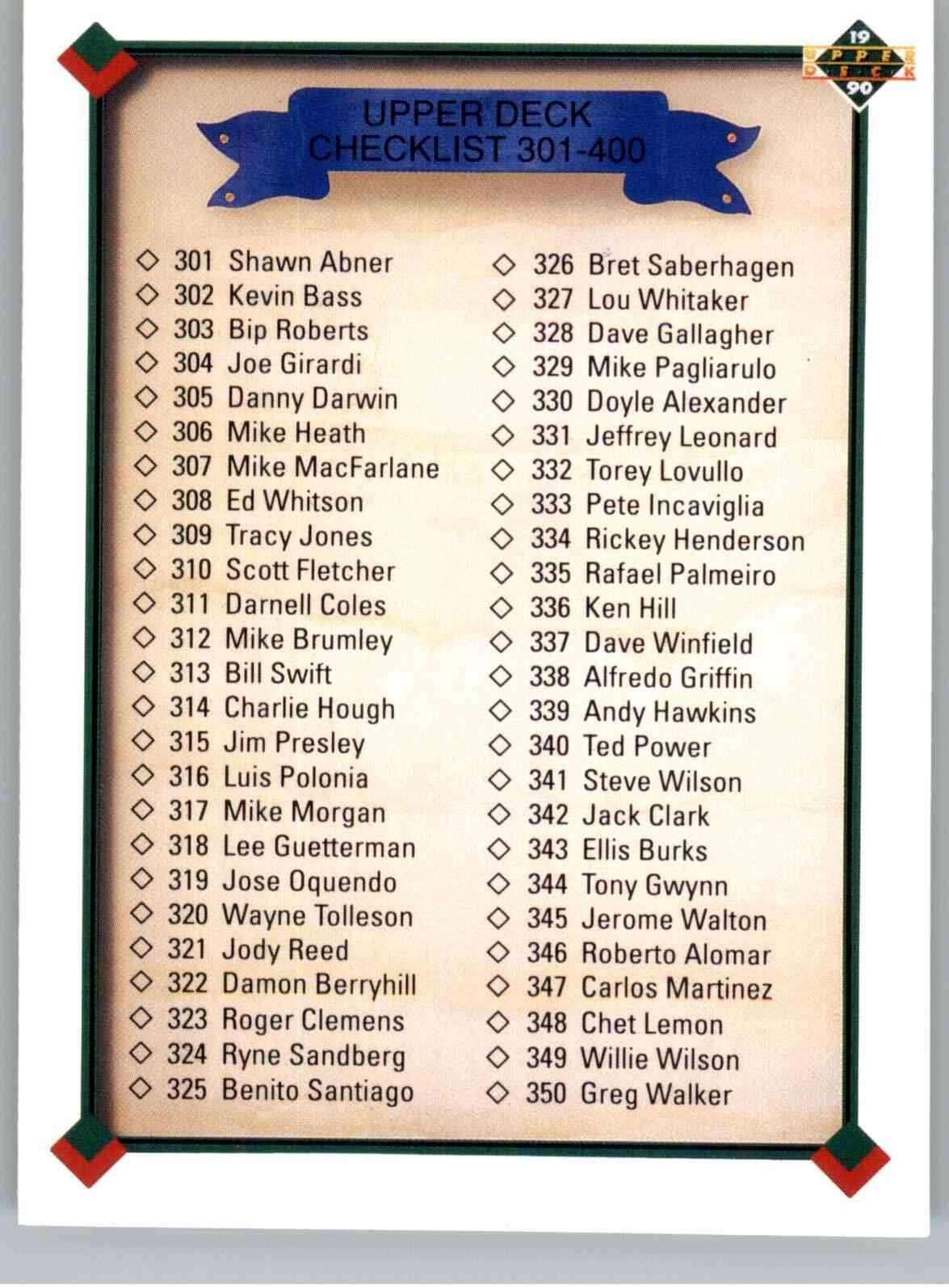 1990 Upper Deck 400 Checklist 301-400 Checklist NM