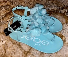 BEBE GIRLS Aqua Blue Floral Pouf Thong Sandals NEW Youth Girls Sz Large 2/3