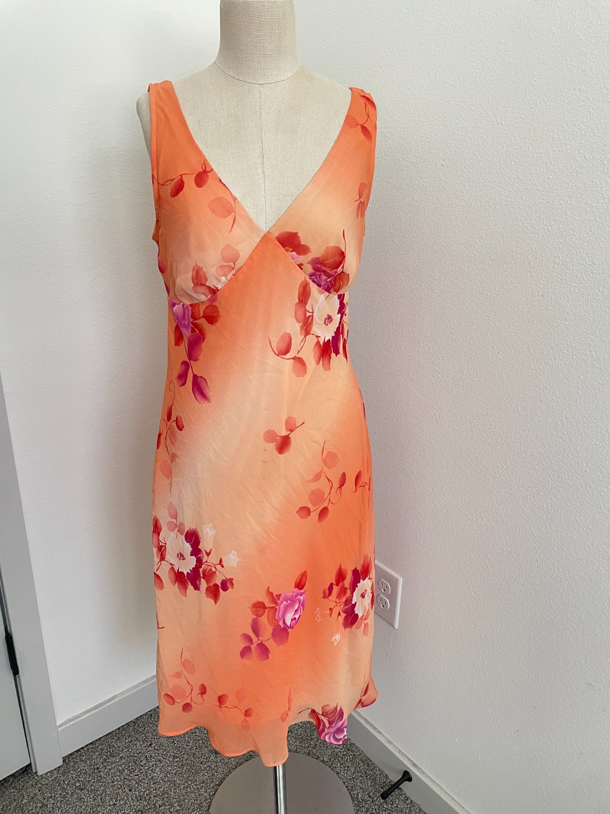 Vintage 90s Y2K Babydoll Dress Women 12 Orange Floral Indie Fairy V Neck Midi