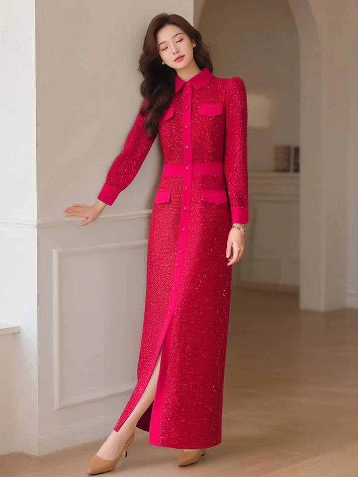 Otoño Invierno Nuevo Vestido Rojo Manga Larga Mujeres Temperamento Vestido Largo Calce Ajustado Foto 2 de 4