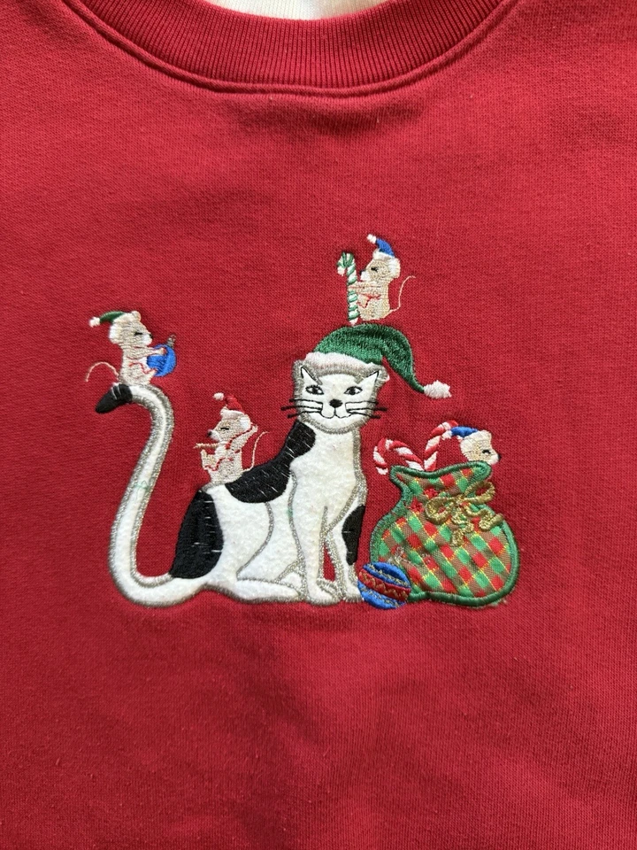Sudadera Vintage Navidad Gato Talla Pequeña Grande Cuello Redondo Vacaciones EE. UU. Abuela Foto 2 de 4