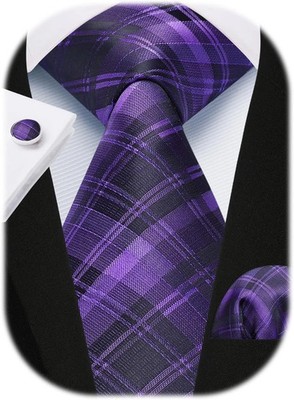 HISDERN Mens Tie Set Stripe Plaid Ties with Pocket Square Cufflinks Formal Busin