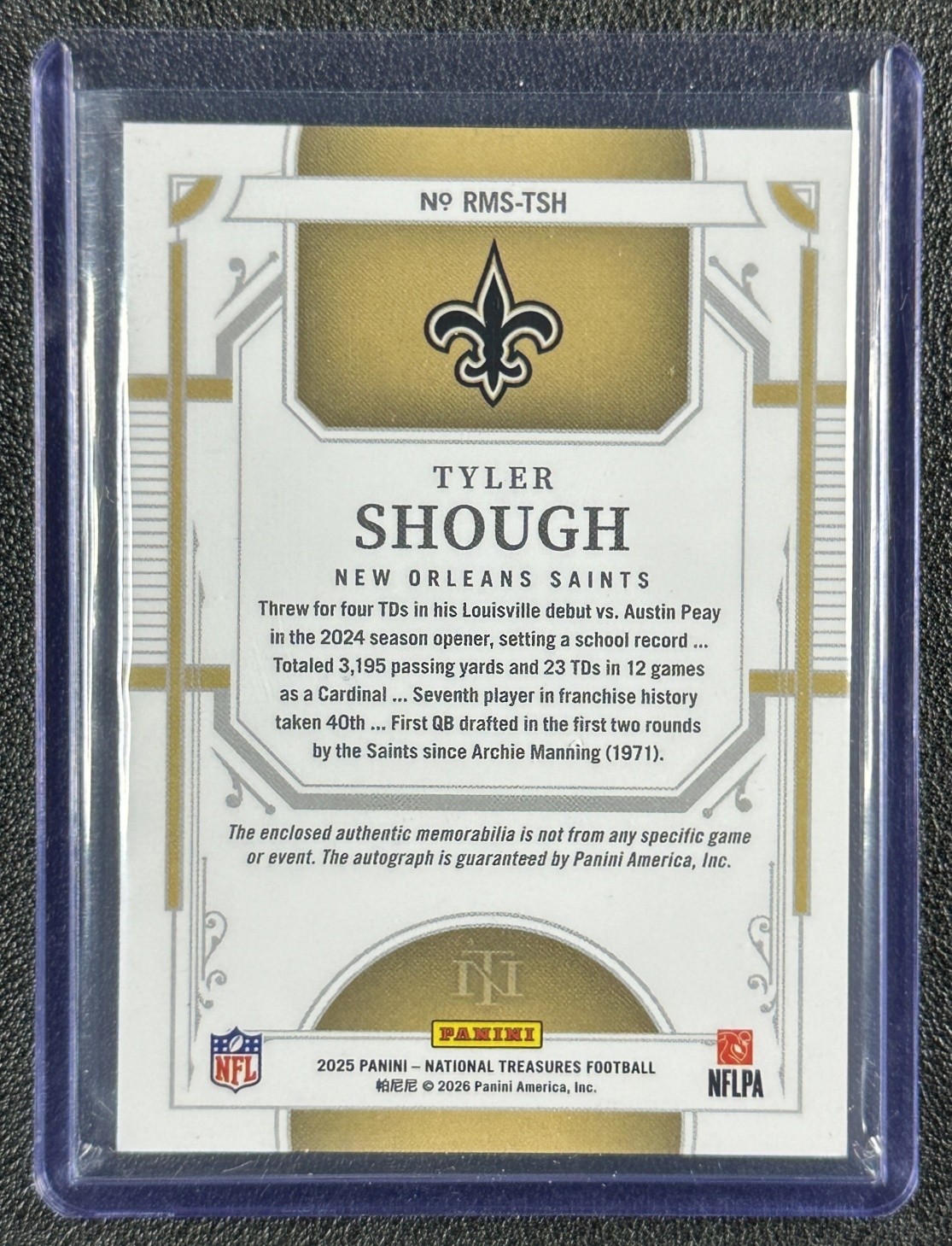 TYLER SHOUGH 2025 NATIONAL TREASURES TRIPLE PATCH AUTO JERSEY NUMBER GREEN RC /6 view 2
