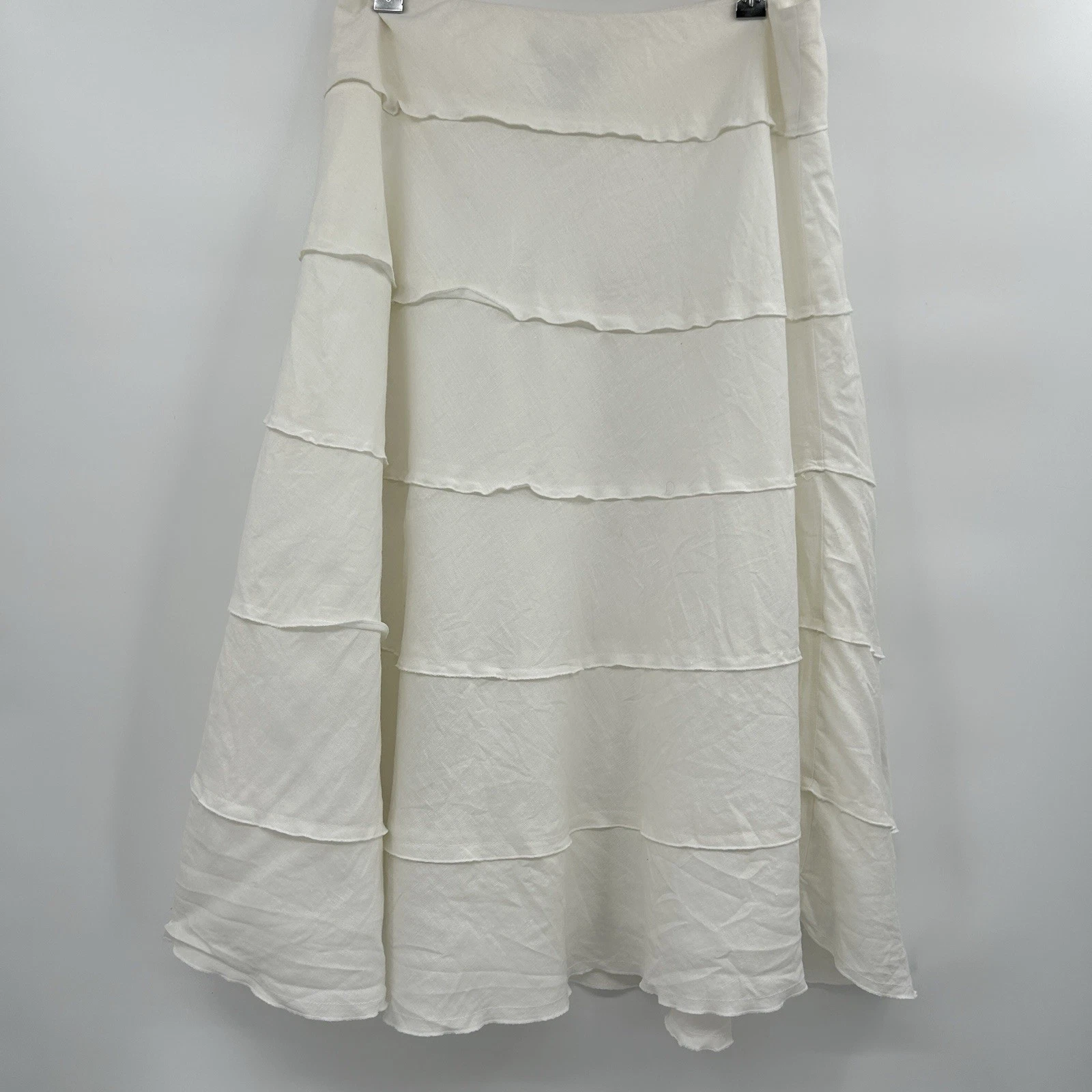 Womens 100% Linen Tiered Midi Skirt Sz 10 Petite Ivory Cottage Coastal Beachy