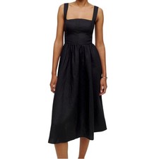 Reformation Tagliatelle Linen Midi Dress Black Square Neck Lace Trim LBD 4