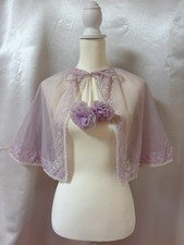 Vintage 1960s Sheer Mauve Bed Jacket Cape Lace Trim Floral Embroidery Ribbon tie