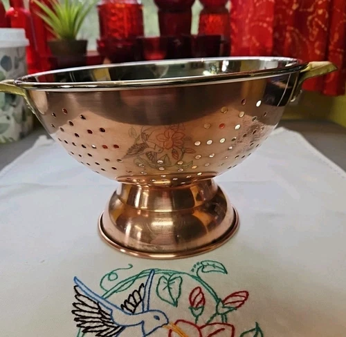 Vintage Copper Colander Tin? Lined Strainer w/Brass Handles Korea 