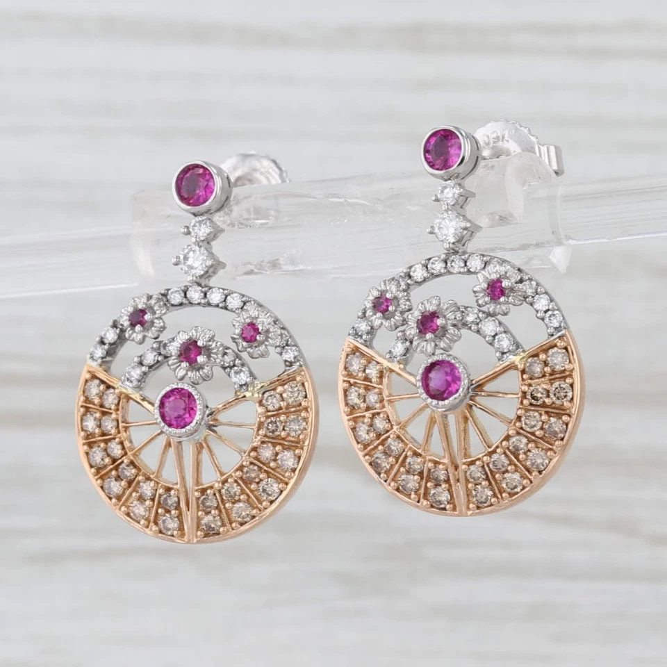1.09ctw Diamond Ruby Circle Drop Earrings 18k Rose White Gold - Image 2 of 4