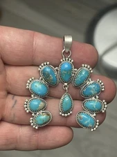 STERLING SILVER NATIVE AMERICAN SW KINGMAN TURQUOISE NAJA CLUSTER PENDANT .925