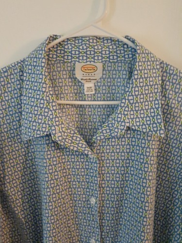 Talbots Wrinkle Resistant Button Up 3/4 Sleeve Shirt Blue Green Geometric Sz 24W - Picture 2 of 9