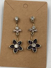 Beautiful purple enamel  crystal rhinestone dangle flower earrings pierced tone