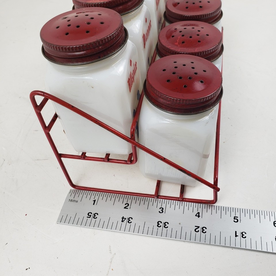 Metal Racking Blue Vintage Milk Glass Spice Jar Set with Red Metal Rack Dutch Blue 8 Piece ...