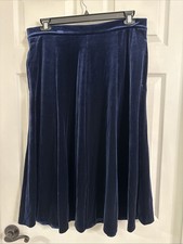Lands&rsquo; End Navy Blue Velvet Midi Flare Skirt Zipper Closure Size 16 NWOT