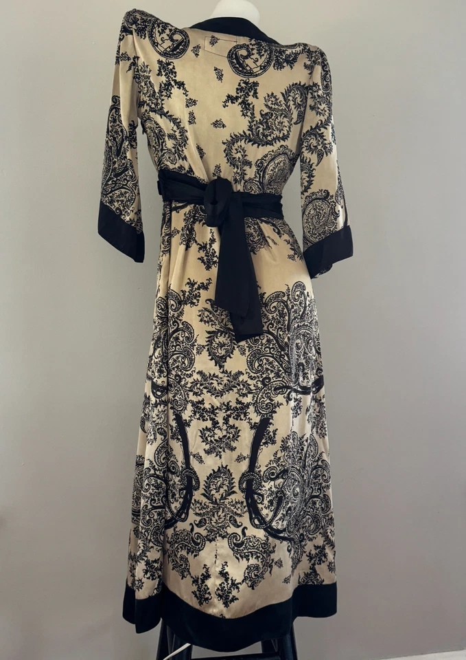 Y2K vtg CIGANA Gold Silk Paisley Print EMPIRE WAIST Dress Black OOAK Upcycled S - Image 3 of 4
