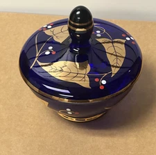 Vintage Cobalt Blue w/ Gold Leaves Covered Candy Dish Bohemian