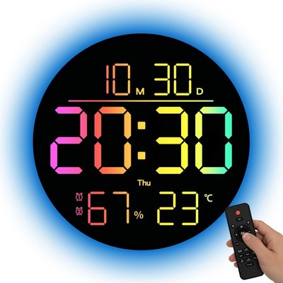 RGB LED Digital Wall Clock 10 Inch Temp Humidity Date Display Dual Alarm RGB