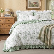 Twin Duvet Cover Set, 100 Cotton Floral Bedding with Ruffled Edge, Sage Green