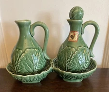 VTG Bordallo Pinheiro Green Cabbage Oil and Vinegar Cruet Set with tray Portugal