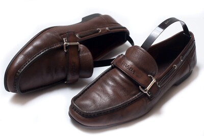 PRADA 12D2364 Mens Brown Leather Logo Loafers Size 7 1/2 | eBay